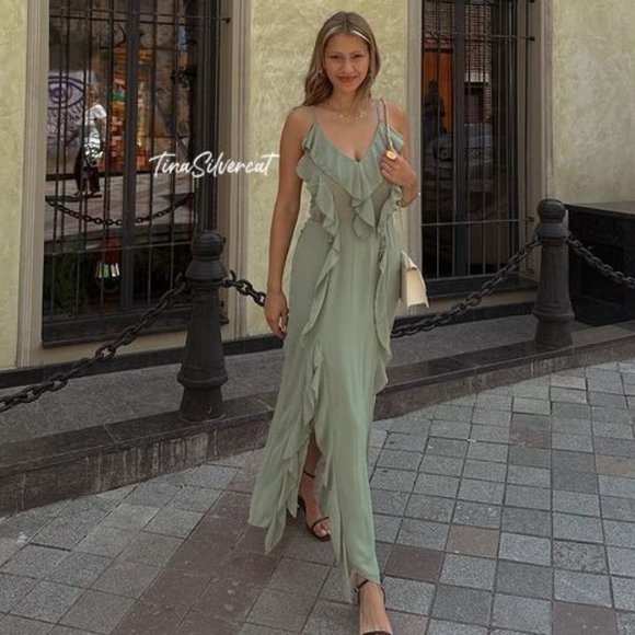 BLOGGER'S FAVE! Zara Long Ruffled Dress Sea Green NWT - Picture 5 of 17